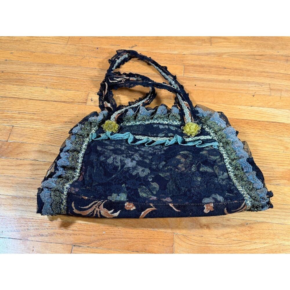 Vintage Victorian Boho Lace Tapestry Carpet Bag Handbag Cameo Frame Purse